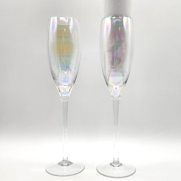 Iridescent Champagne Flutes 9.75"Tall Iridescent Bowl Plain Stem & Base Set of 2 - Picture 2 of 7